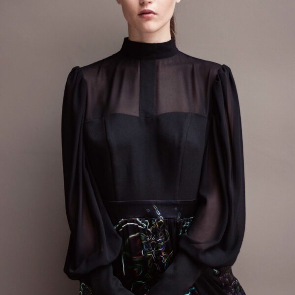 ELENA SAVÓ evening black elegant dress with print